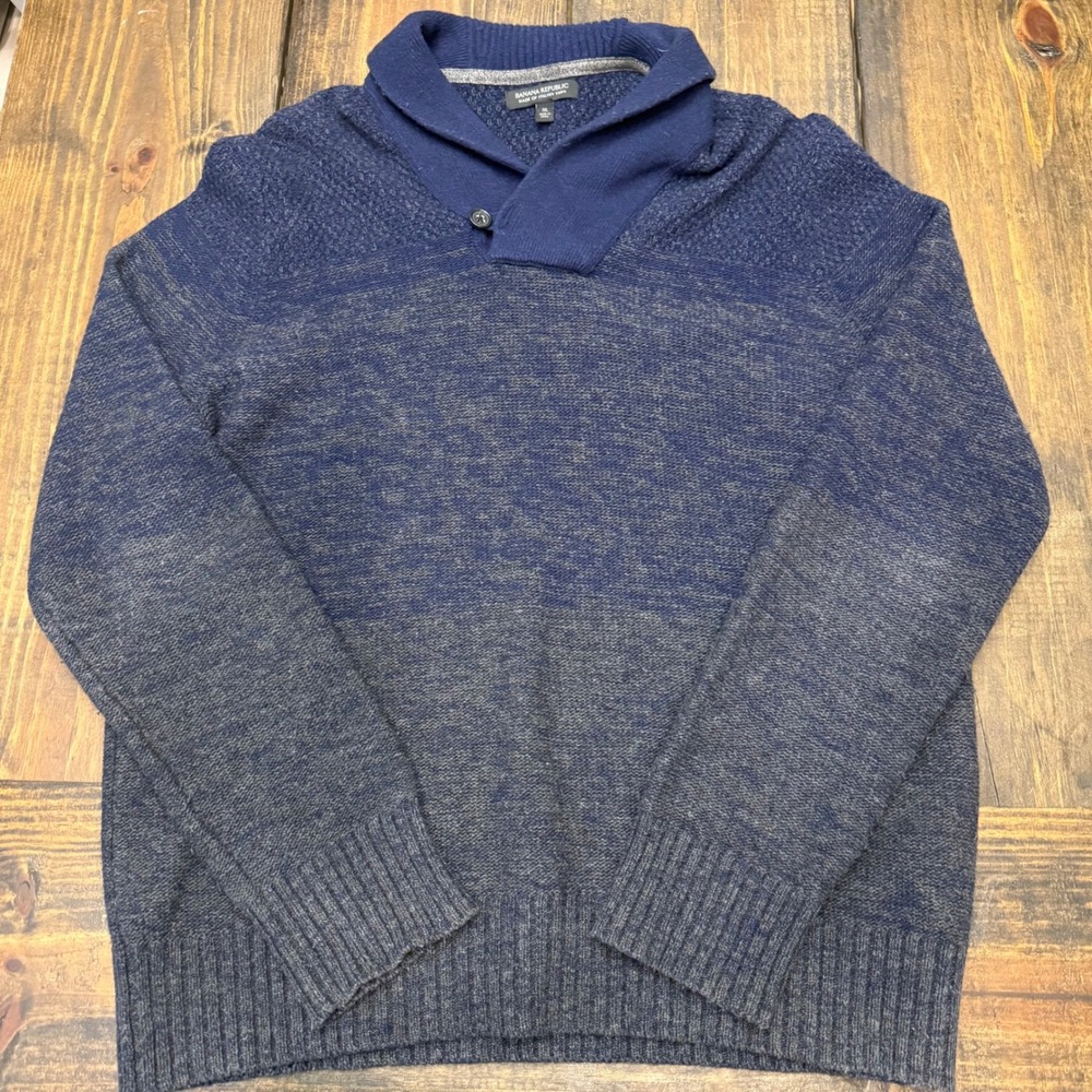 Banana Republic Mens XL Merino Wool Shawl Collar Ombre Sweater Blue Grey Italian